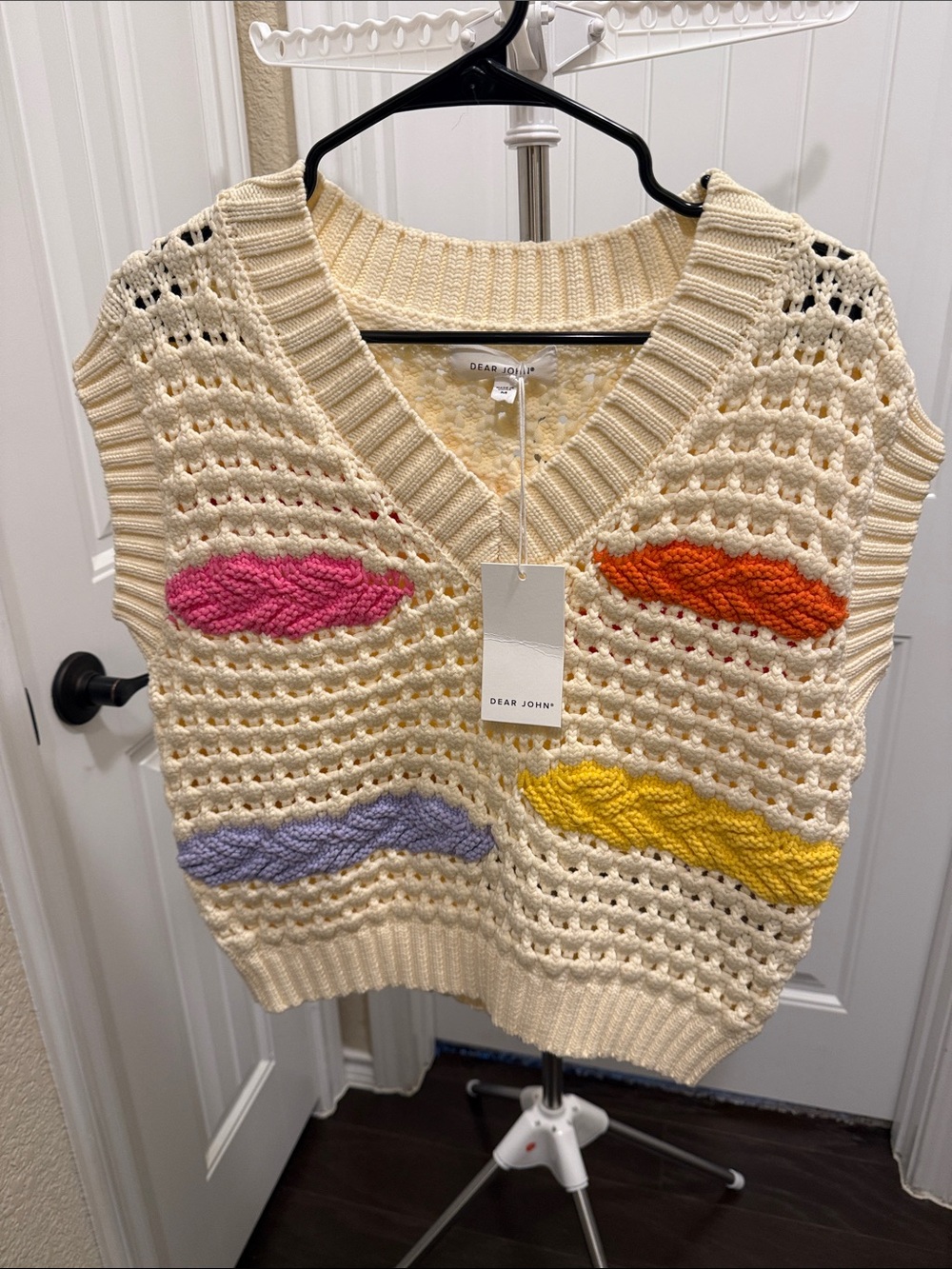 Dear John Cream Knit Sweater Vest with Colorful Embroidered Accents